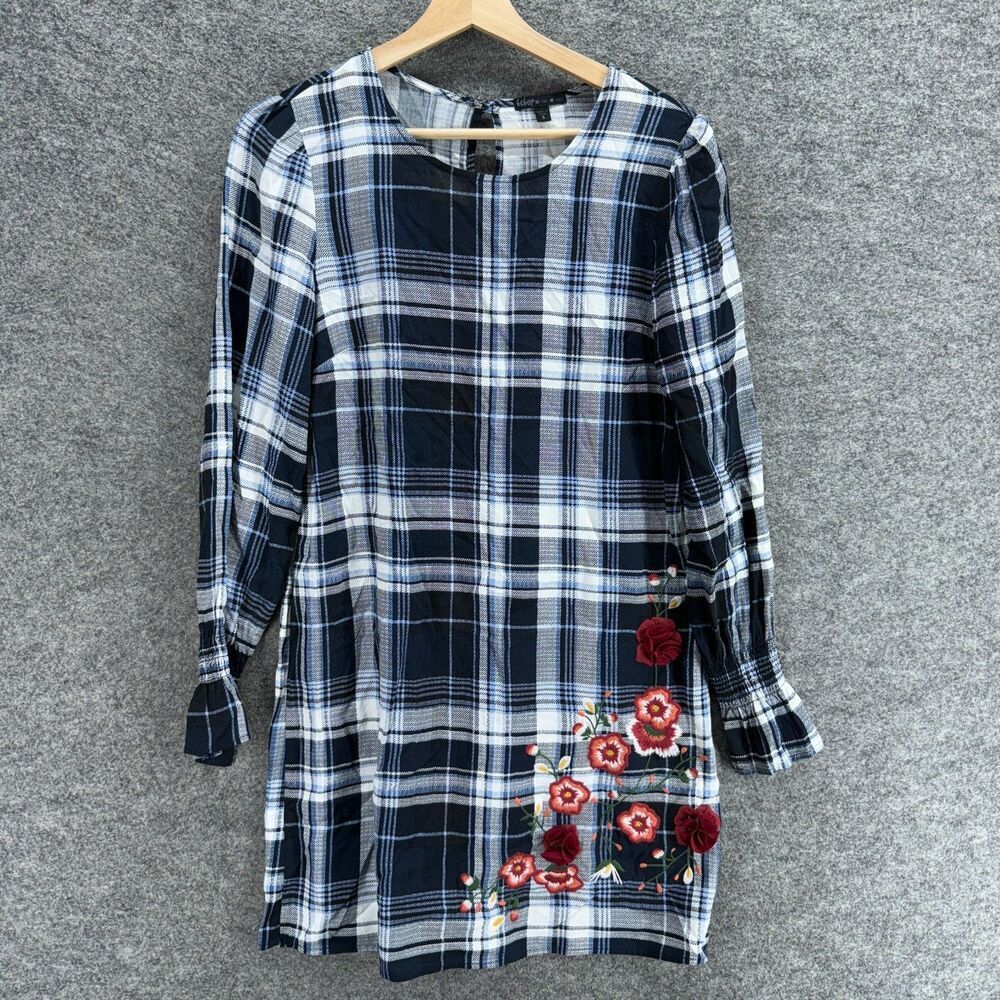 Bebop Mini Dress Women S Small Black Plaid Short Embroidered Long Sleeve Rayon